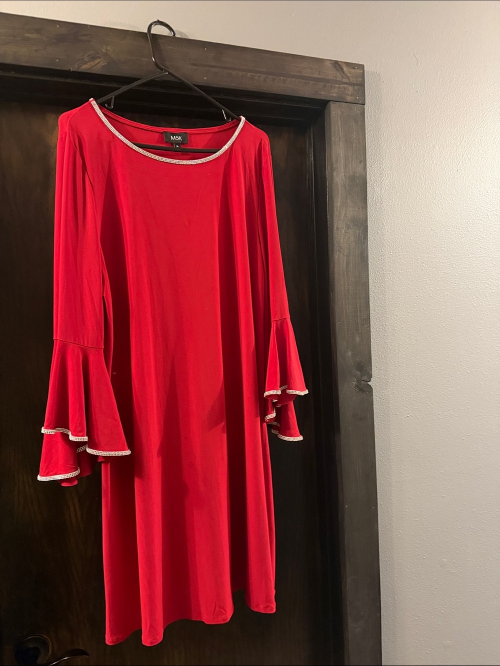 MSK Red Long Bell-Sleeve Dress with Silver Trim